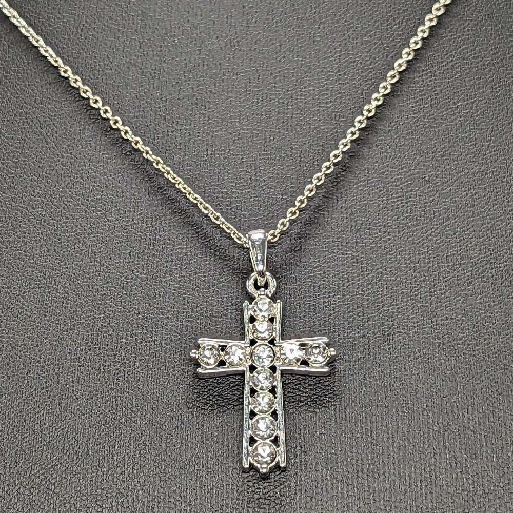 Silver Tone Cross Pendant 1.5" Necklace With Rhinestones Adjustable Chain 18+3"